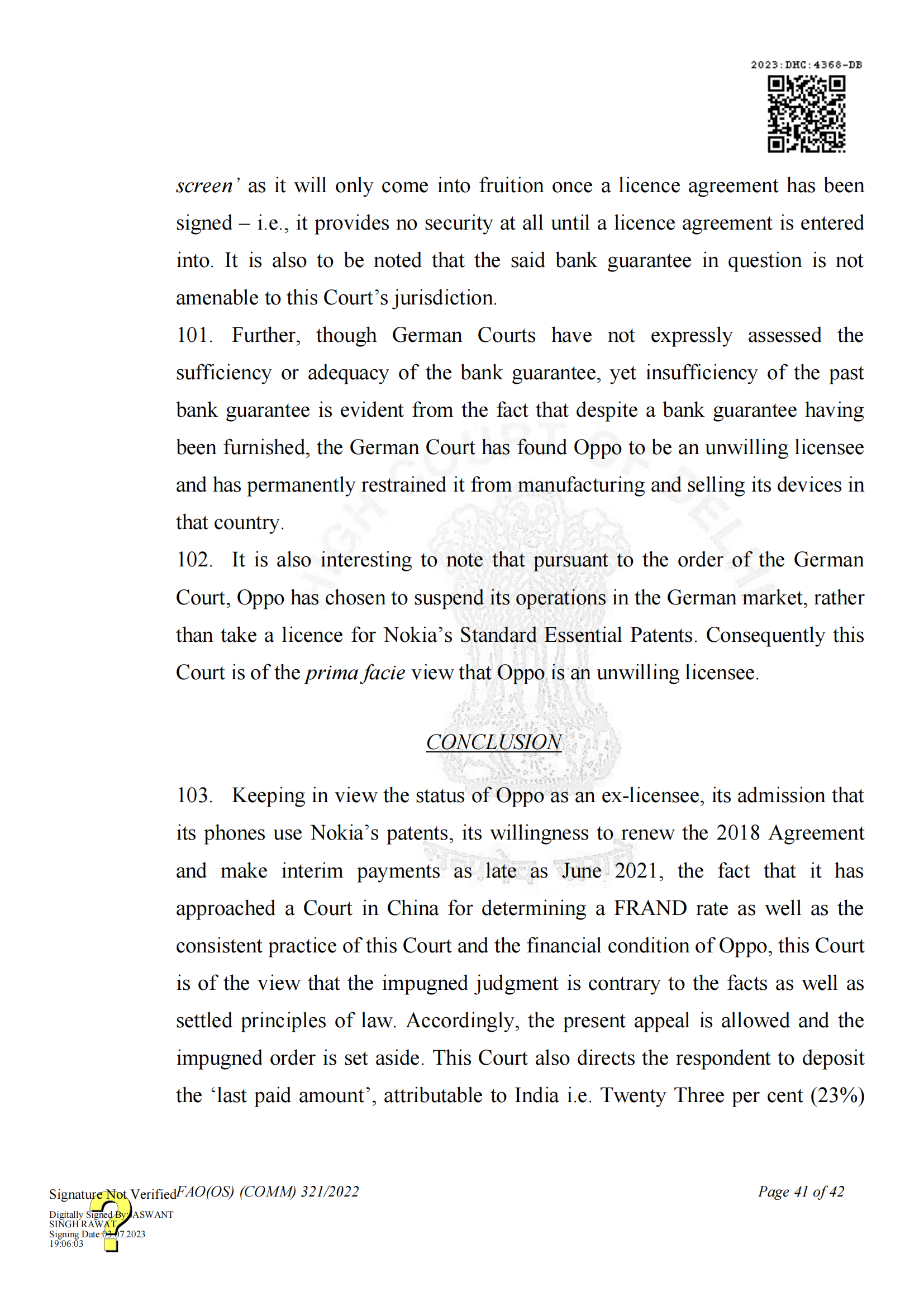 最新进展！印度高等法院要求OPPO支付保证金，因涉嫌侵犯诺基亚5G SEPs｜判决书