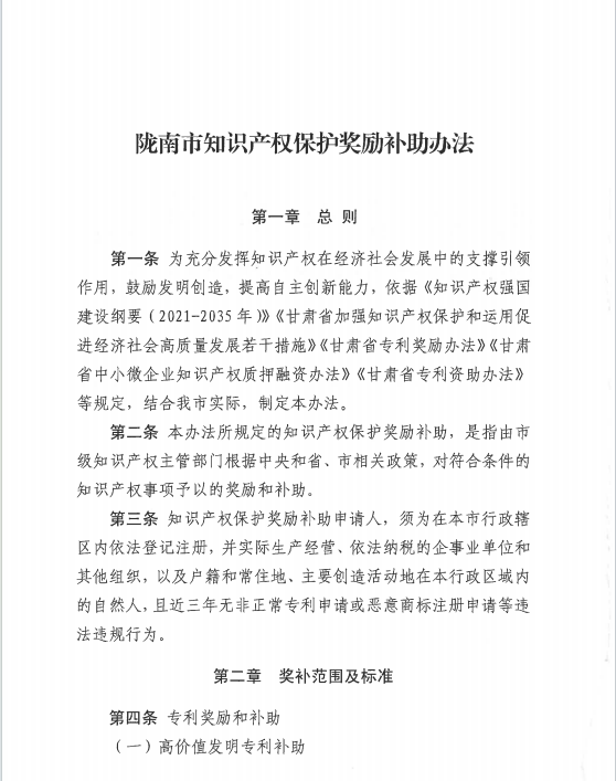 中国专利金奖奖励30万元！《陇南市知识产权保护奖励补助办法》来啦