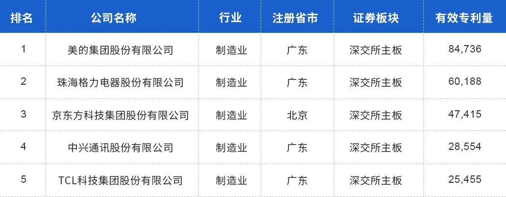 中国上市公司有效专利排行榜TOP100